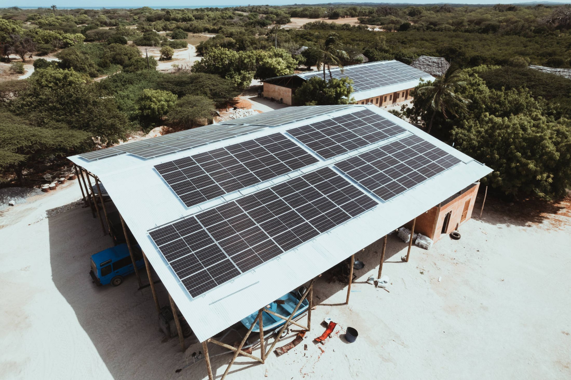 Aerial view of an off-grid solar installation